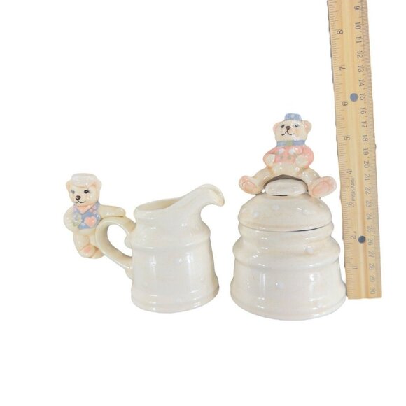 1980s Ceramic Sugar And Creamer Set 2 With Cute Whimsical Teddy Bear On Top - Picture 7 of 15